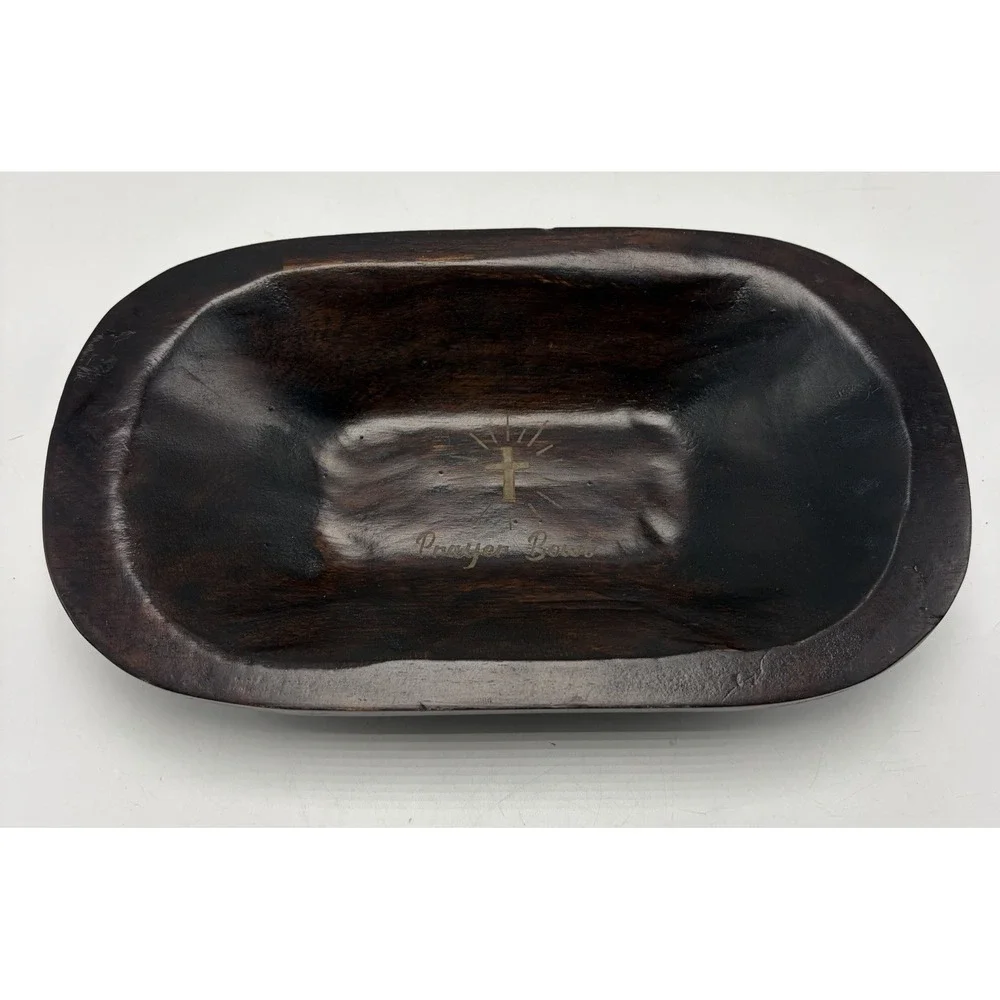 Solid Wood Small Dough Bowl Prayer Cross Hand Carved Farmhouse Rustic Christian
